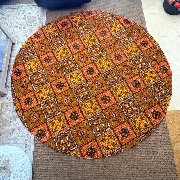 Vintage 1970s 86" Round Tablecloth Patriotic Americana Print Ships Eagles Autumn - Picture 1 of 9